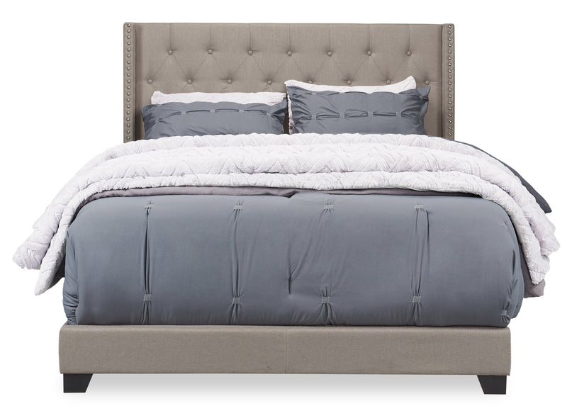 Brady Upholstered Wingback Bed in Light Grey Fabric with Nailhead Design, Button Tufted - Full Size