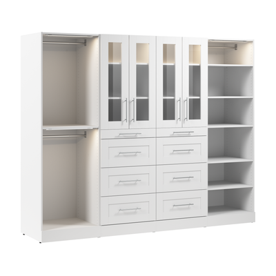 Bestar Florence 100" Modular Walk-In Closet System with LED Lights, Rods, Shelves, Drawers and Doors|Système de pièce-penderie modulaire Florence de Bestar de 100 po avec éclairages à DEL, tringles, ta