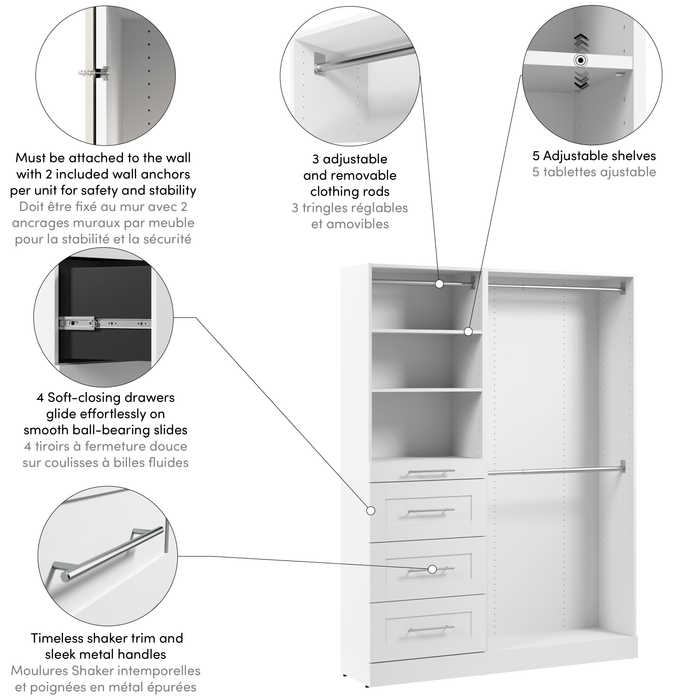 Bestar Florence 61\" Modular Reach-In/Walk-In Closet System with Rods, Shelves and Drawers Shaker Style - White