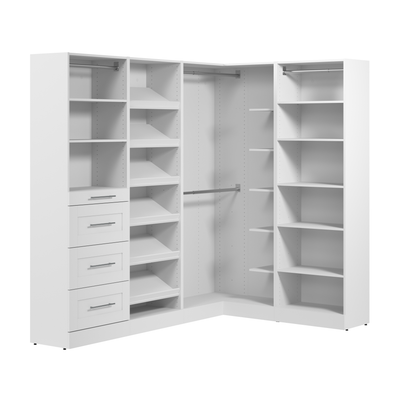 Bestar Florence 85" Modular L-Shaped Walk-In Closet System with Rods, Shoe Shelves and Storage - White|Système de pièce-penderie en forme de L modulaire Florence de Bestar de 85 po avec tringles, tablettes pour chaussures et rangement - blanc