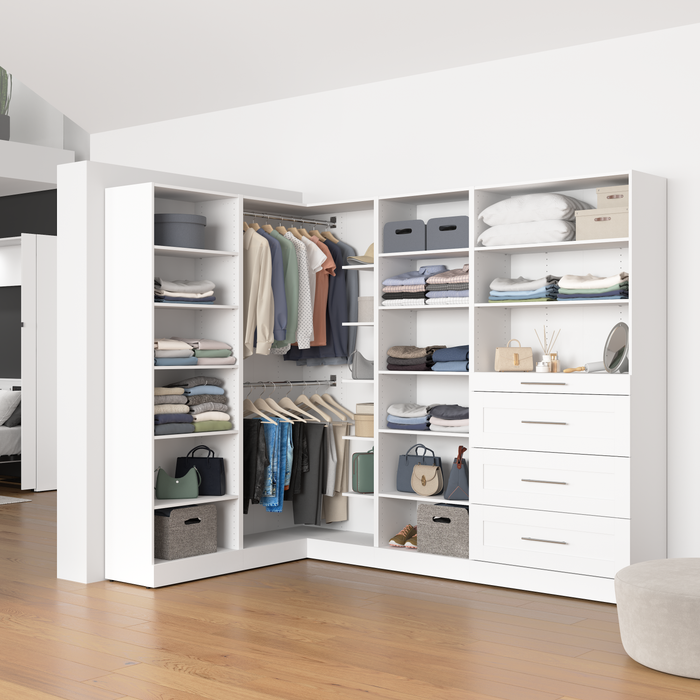 Bestar Florence 95\" Modular L-Shaped Walk-In Closet System with Rods, Shelves and Drawers Shaker Style - White