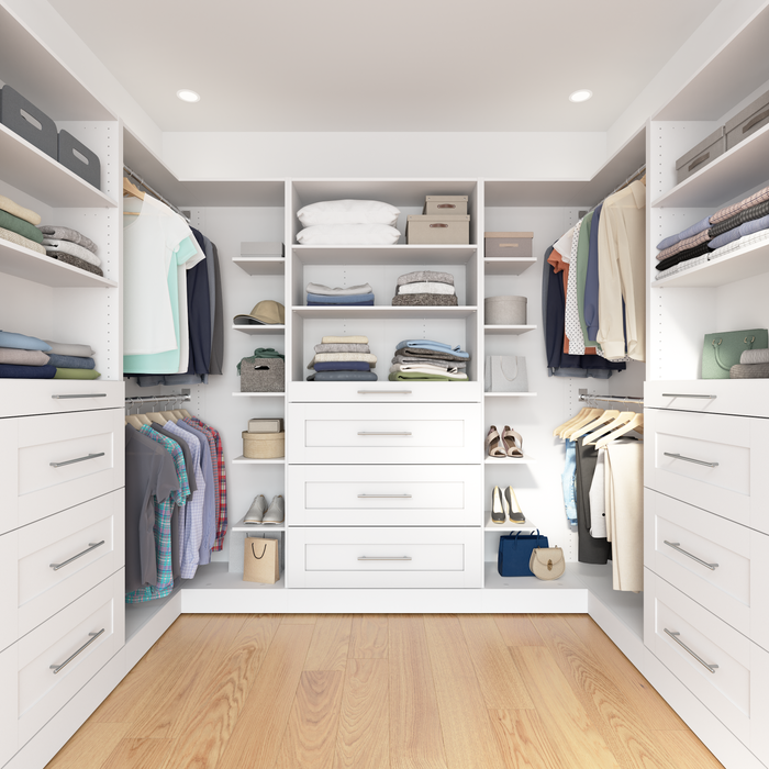 Bestar Florence 105\" Modular U-Shaped Walk-In Closet System with Rods, Shelves and Drawers Shaker Style - White