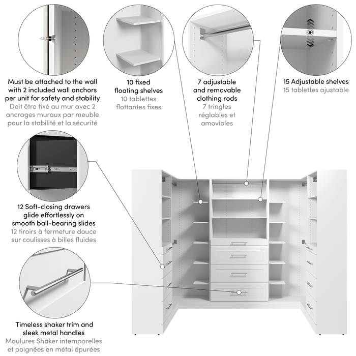 Bestar Florence 105\" Modular U-Shaped Walk-In Closet System with Rods, Shelves and Drawers Shaker Style - White