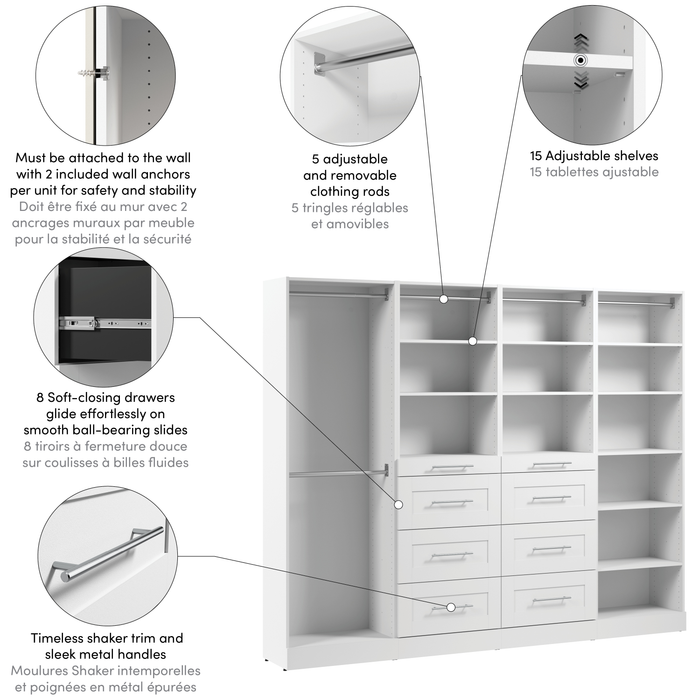 Bestar Florence 100\" Modular Reach-In/Walk-In Closet System with Rods, Shelves and Drawers Shaker Style - White