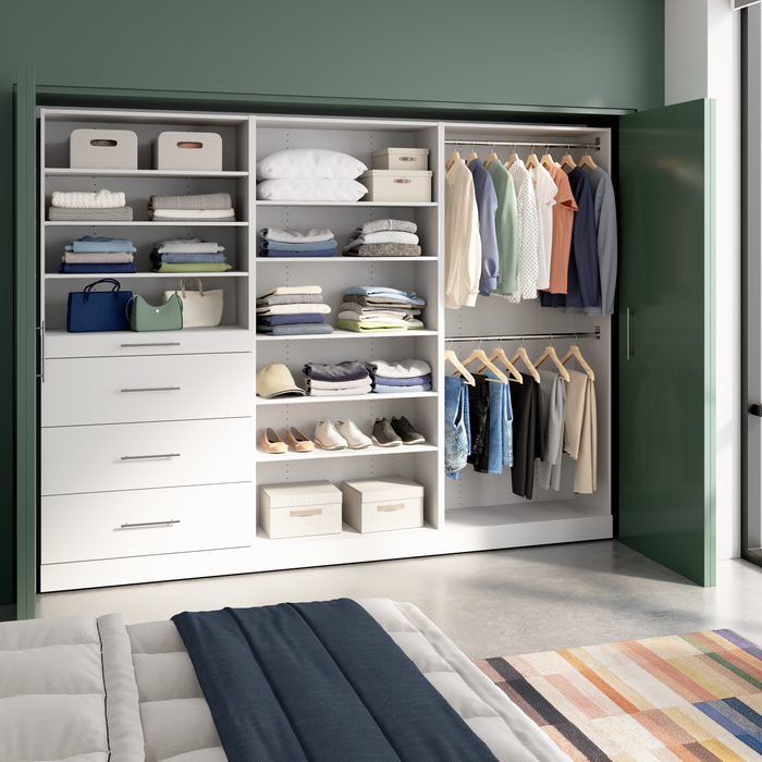 Bestar Florence 107\" Modular Walk-In Closet System with Rods, Shelves and Drawers Slab Style - White