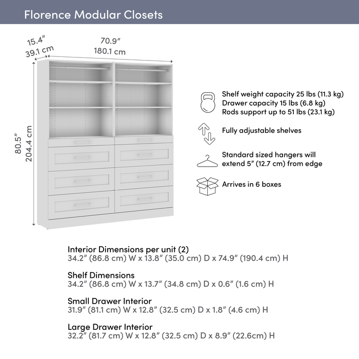 Bestar Florence 71\" Modular Reach-In/Walk-In Closet System with Storage - White