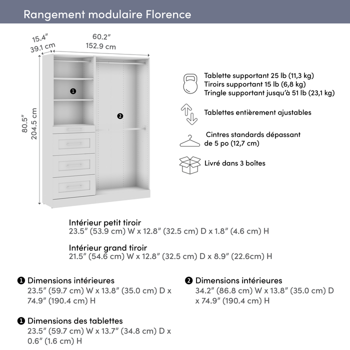 Bestar Florence 61\" Modular Reach-In/Walk-In Closet System with Rods, Shelves and Drawers Shaker Style - White
