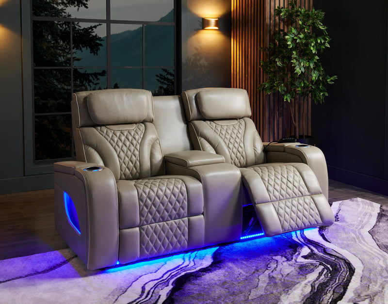 Elite 74\" Genuine Leather Massage Power Reclining Loveseat with Power Headrests and Storage Arms - Putty
