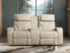Elite 74" Genuine Leather Massage Power Reclining Loveseat with Power Headrests and Storage Arms - Putty | Causeuse de massage à inclinaison électrique Elite de 74 po en cuir véritable avec appuie-têtes électriques et accoudoirs de rangement - mastic