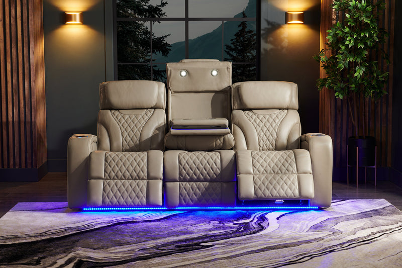 Elite 86\" Genuine Leather Massage Power Reclining Sofa with Power Headrests and Storage Arms - Putty
