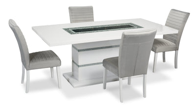 Garbo 5pc Dining Set with Table & 4 Chairs, Glass Insert, Pedestal Base, Glam, 78.75"W - White | Ensemble de salle à manger somptueux Garbo 5 pièces avec table de 78,75 po (L), incrustation de verre, base piédestal et 4 chaises - blanc