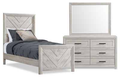 Lark 5pc Bedroom Set with Panel Bed, Dresser & Mirror, Rustic White  - Twin Size | Ensemble de chambre à coucher Lark 5 pièces blanc rustique avec lit à panneaux, commode et miroir - format lit simple