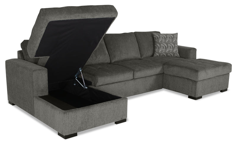 Made in Canada Legend 3-Piece Chenille Fabric Sleeper Sectional with Two Storage Chaises - Pewter Brown