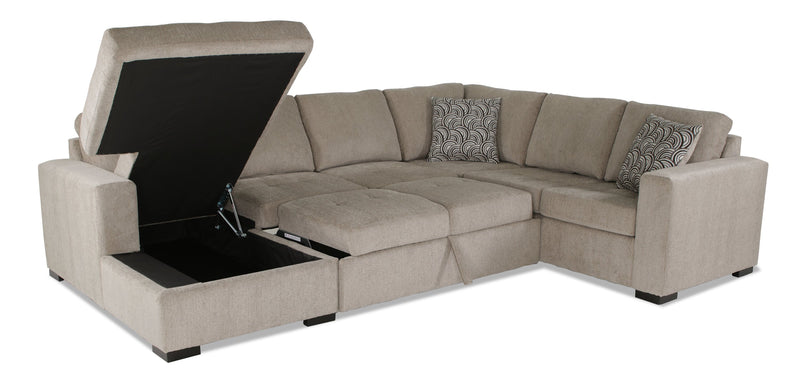 Made in Canada Legend 3-Piece Left-Facing Chenille Fabric Sleeper Sectional with Storage Chaise - Platinum Beige