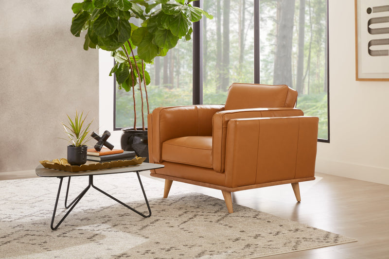 Vivia 40\" Genuine Leather Chair with Removable Seat Cushion and Wood Base - Caramel Brown