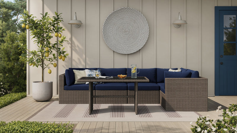 Naples 5-Piece Outdoor Patio Set with 3 Corner Chairs & 2 Armless Chairs - Hand-Woven Resin Wicker, UV & Weather Resistant - Natural/Blue
