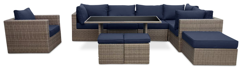 Naples Small Outdoor Patio Ottoman, Set of 2 - Hand-Woven Resin Wicker, UV & Weather Resistant - Natural/Blue