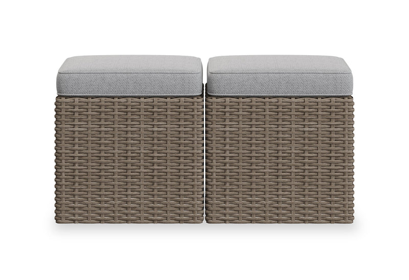 Naples Small Outdoor Patio Ottoman, Set of 2 - Hand-Woven Resin Wicker, UV & Weather Resistant - Natural/Grey