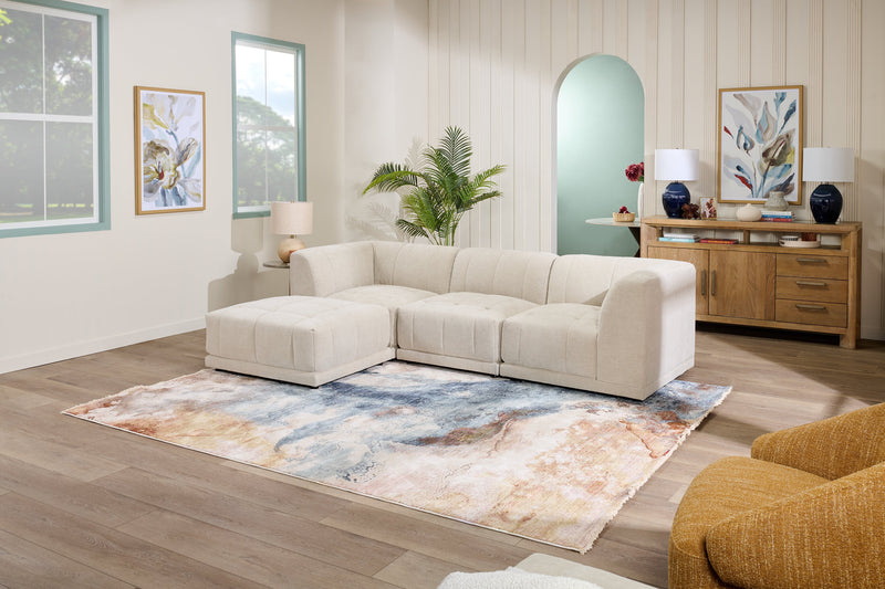 Kort & Co. Oaklyn Modular 4-Piece Fabric Sectional with Ottoman and Tufted Seat Cushions - Beige