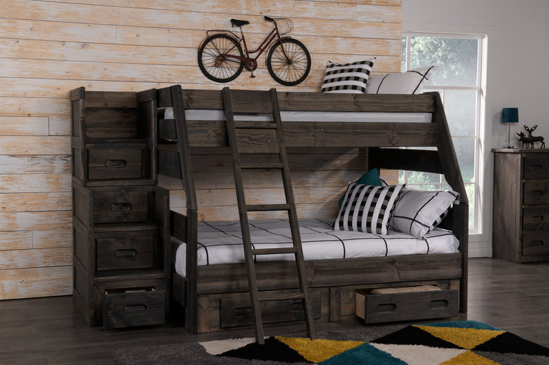 Piper Bunk Bed with Guard Rail for Kids, Solid Pine, Driftwood Grey - Twin/Full