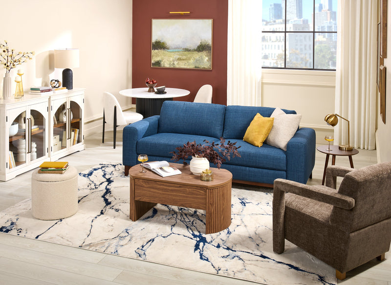 River 87\" Linen-Look Fabric Sofa with Wood Base and Legs - Blue