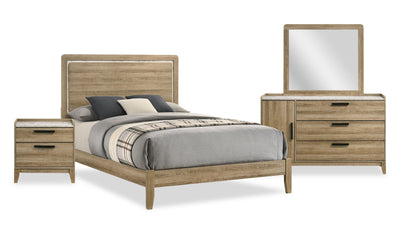 Sable 6pc Bedroom Set with Bed, Dresser, Mirror & Nightstand, Light Brown - Queen Size | Ensemble de chambre à coucher Sable brun clair 6 pièces avec lit, commode, miroir et table de nuit - format grand lit