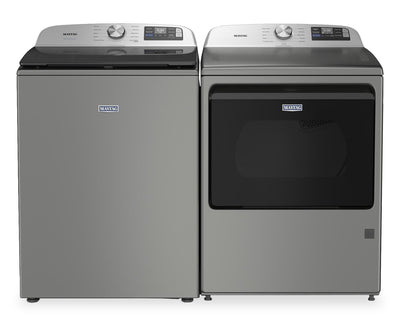 Maytag 6.0 Cu. Ft. Smart Top-Load Washer and 7.4 Cu. Ft. Electric Dryer - Radiant Silver | Laveuse intelligente à chargement par le haut de 6,0 pi³ et sécheuse électrique de 7,4 pi³ de Maytag - argenté radieux