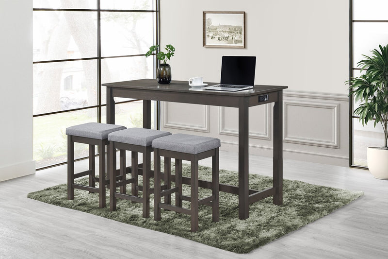 Noah 60” Modern Dining Table with 3 Counter-Height Stools and USB Ports - Grey
