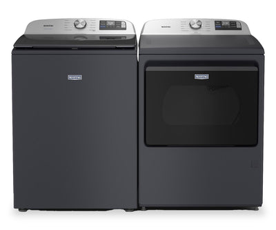 Maytag 6.0 Cu. Ft. Smart Top-Load Washer and 7.4 Cu. Ft. Electric Dryer - Midnight Steel | Laveuse intelligente à chargement par le haut de 6,0 pi³ et sécheuse électrique de 7,4 pi³ de Maytag - acier minuit