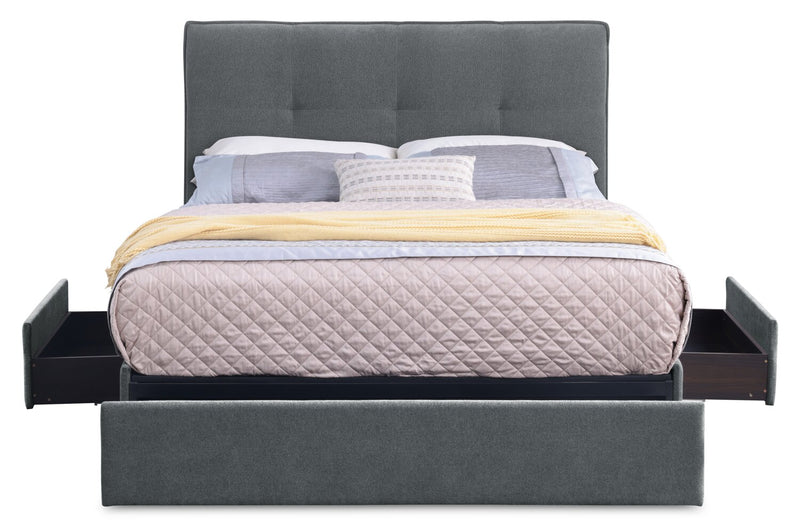Amos Upholstered Storage Bed in Charcoal Fabric with Tufted Headboard & 3 Built-in Drawers - Full Size
