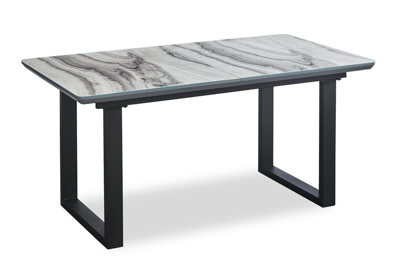 Ezra Dining Table, 63-79\"W Self-Storing Butterfly Leaf, Metal, Glass, Faux Marble - White
