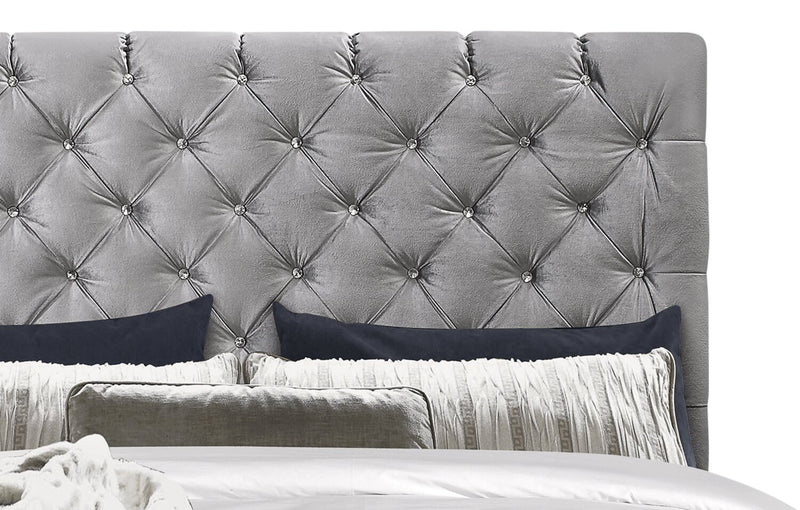 Candace Upholstered Bed in Velvet Grey Fabric, Button Tufted - King Size