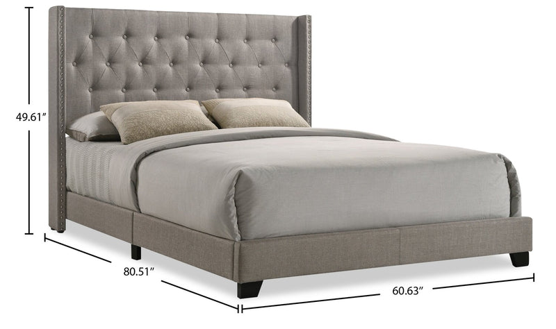 Brady Upholstered Wingback Bed in Light Grey Fabric with Nailhead Design, Button Tufted - Full Size