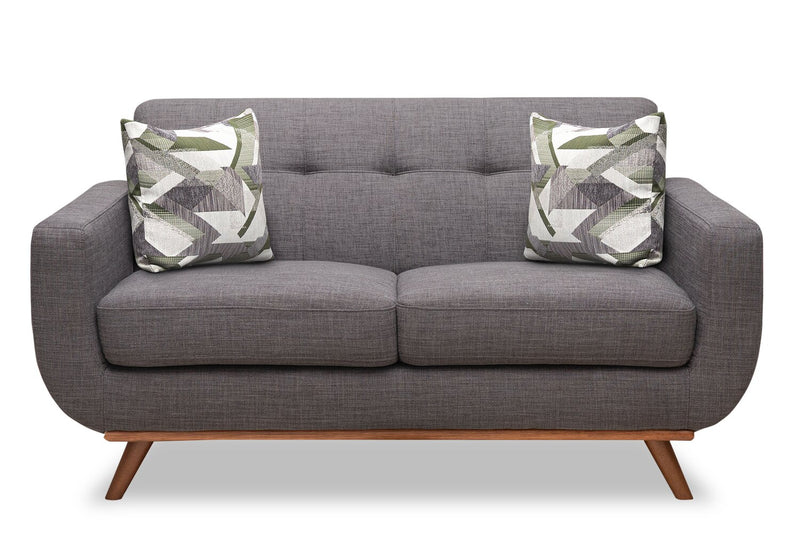 Kort & Co. Freeman 63\" Linen-Look Fabric Loveseat with Wood Legs and Tufted Back Cushions - Charcoal Grey