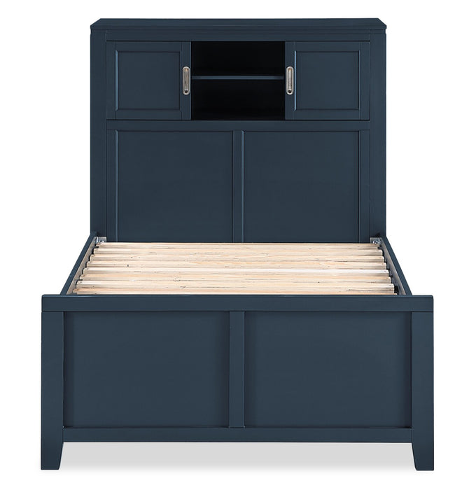 Quinn Platform Bed with Bookcase Headboard, Built-in Desk & Stool, Blue - Twin Size