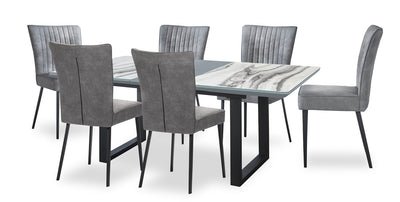 Ezra 7pc Dining Package with 63-79"W Extension Table & 6 Chairs - Faux White Marble & Grey | Ensemble de salle à manger Ezra 7 pièces avec table qui s’allonge de 63 po à 79 po (L) et 6 chaises - imitation de marbre blanc et gris