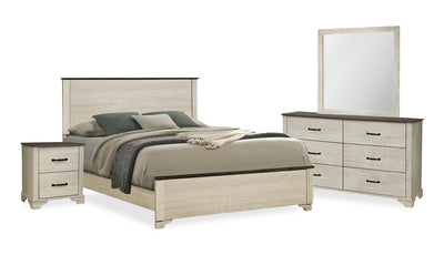 Clara 6pc Bedroom Set with Bed, Dresser, Mirror & Nightstand, Bleached Oak & Brown - Queen Size | Ensemble de chambre à coucher Clara 6 pièces avec lit, commode, miroir et table de nuit, chêne blanchi et brun - format grand lit