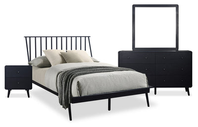 Milan 6pc Bedroom Set with Bed, Dresser, Mirror & Nightstand, Mid-Century Modern, Black - Full Size | Ensemble de chambre à coucher Milan 6 pièces de style moderne du milieu du 20e siècle avec lit, commode, miroir et table de nuit, noir - lit double