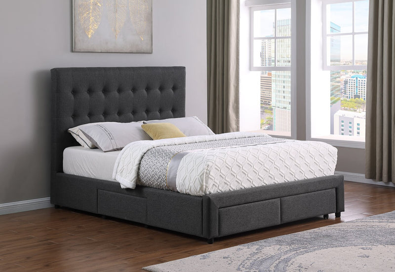 Beck Upholstered Storage Bed in Dark Grey Fabric, Button Tufted - King Size