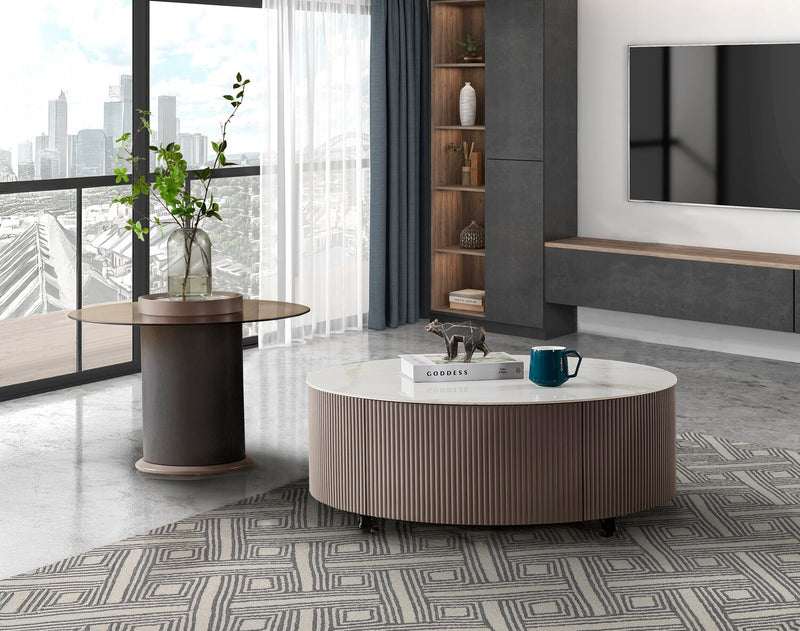 Circa 23.6\" Modern Round End Table - Amber Tempered Glass and Black Wood