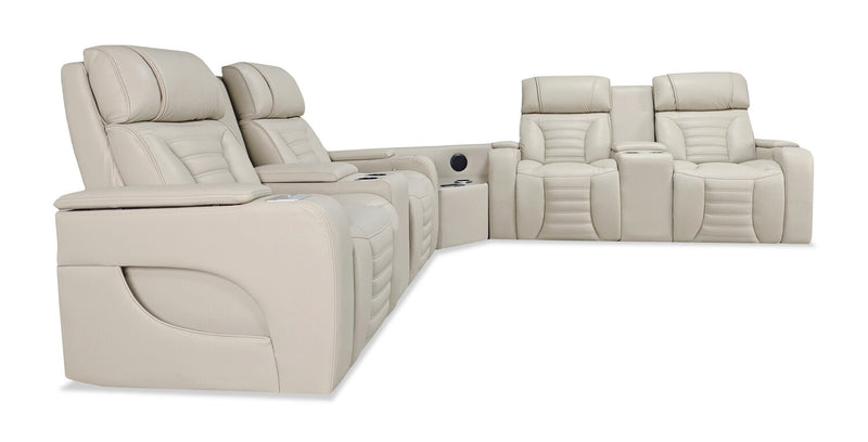 Zen 3-Piece Leather-Look Fabric Power Reclining Sectional with Massage and Two Refrigerator Consoles - Apricot