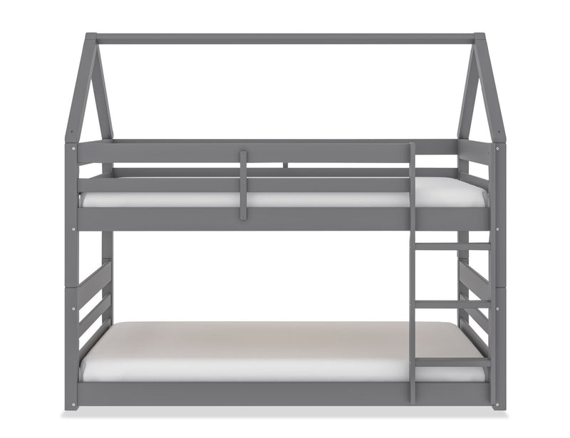 Gemma Twin Over Twin House Bunk Bed with Roof, Built-in Ladder & Guardrails for Kids - Grey