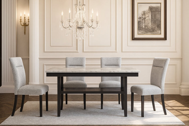 Libra 5pc Dining Set with Table & 4 Chairs, Marble-Look Top, 60\"W - Black/Grey