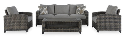 Canmore 4-Piece Outdoor Patio Set with Sofa, 2 Chairs & Coffee Table - Weather Resistant - Grey | Ensemble Canmore 4 pièces pour la terrasse à l’extérieur avec sofa, 2 fauteuils et table à café - résistant aux intempéries - gris