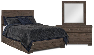 Yorkdale 5pc Bedroom Set with 6-Drawer Storage Bed, Dresser & Mirror, Grey - Full Size | Ensemble de chambre à coucher Yorkdale 5 pièces avec lit de rangement à 6 tiroirs, commode et miroir…