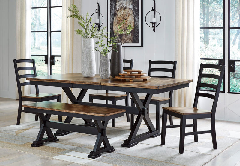 Raven 6pc Dining Package with 60-78\"W Extension Table, Bench & 4 Chairs - Two-Tone Black & Brown