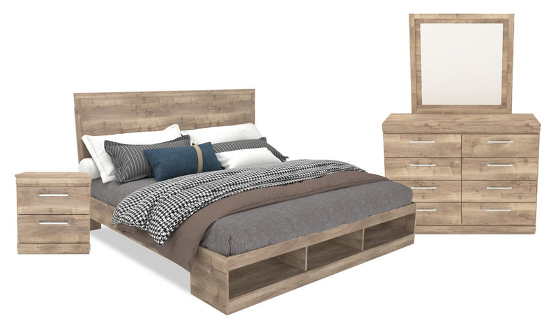 Oakley 6pc Bedroom Set with Storage Bed, Dresser, Mirror & Nightstand, Made in Canada, Natural - King Size
