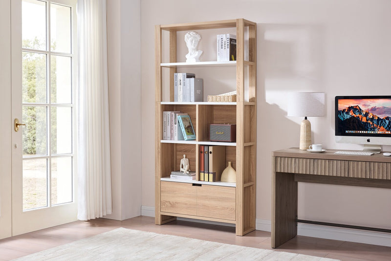 Oscar 36\" Contemporary Bookcase with File Drawer – Weathered White and Faux Marble