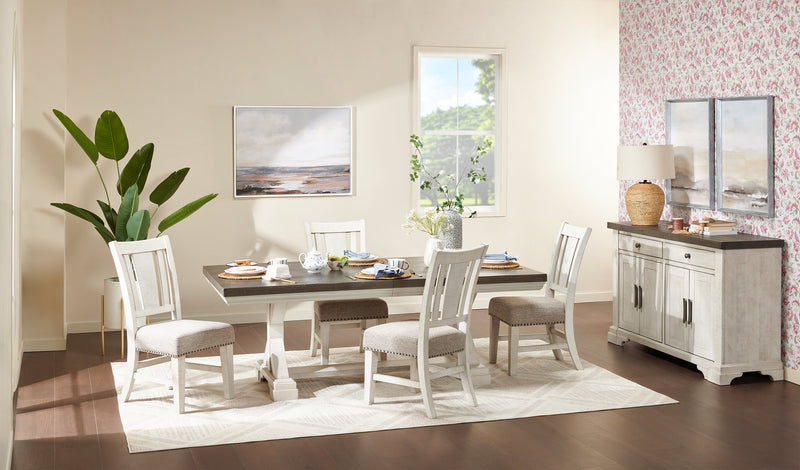 Willow Dining Table with Trestle Base, 84-106\"W Extension - Rustic White & Brown