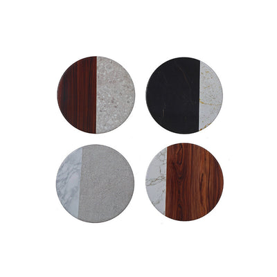 4 Pc Round Ceramic Coasters Marble and Wood - Set of 4|4 sous-verre ronds en céramique d’apparence marbre et bois - ensemble de 4
